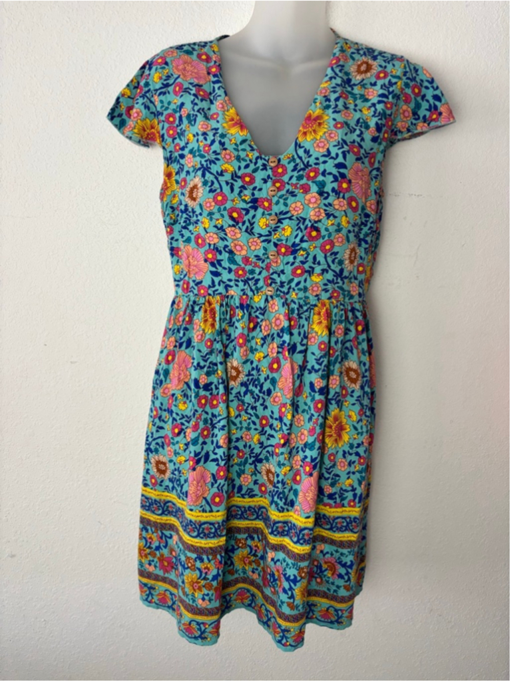 Unbranded Teal Floral Mini Dress Medium 100% cotton cottagecore